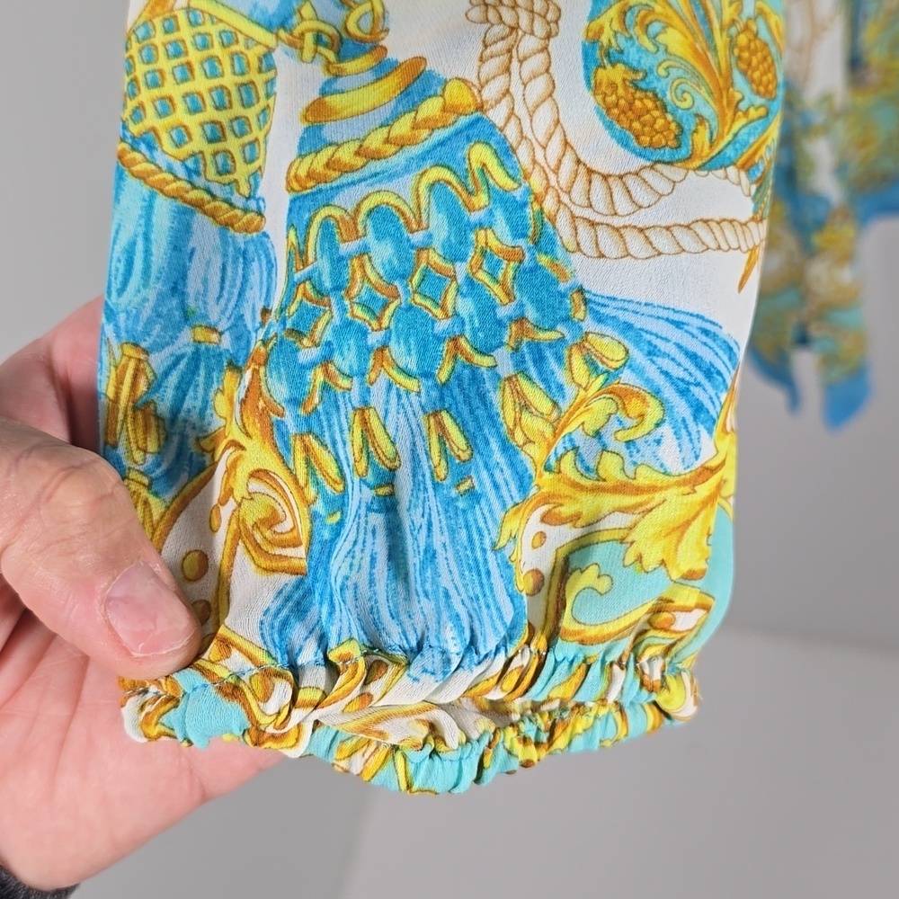 {Caché} Women’s Blouse Multicolor Tassel Print Tie Cold Shoulder Blouse - Size S - Picture 8 of 12